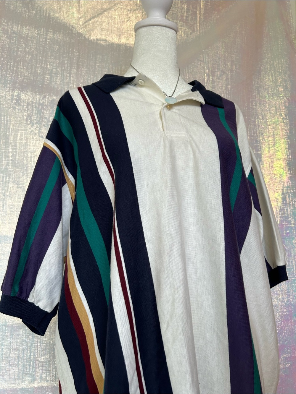 NWT Roundtree & Yorke White Polo with Navy, Green, Purple Stripes. Size XL.